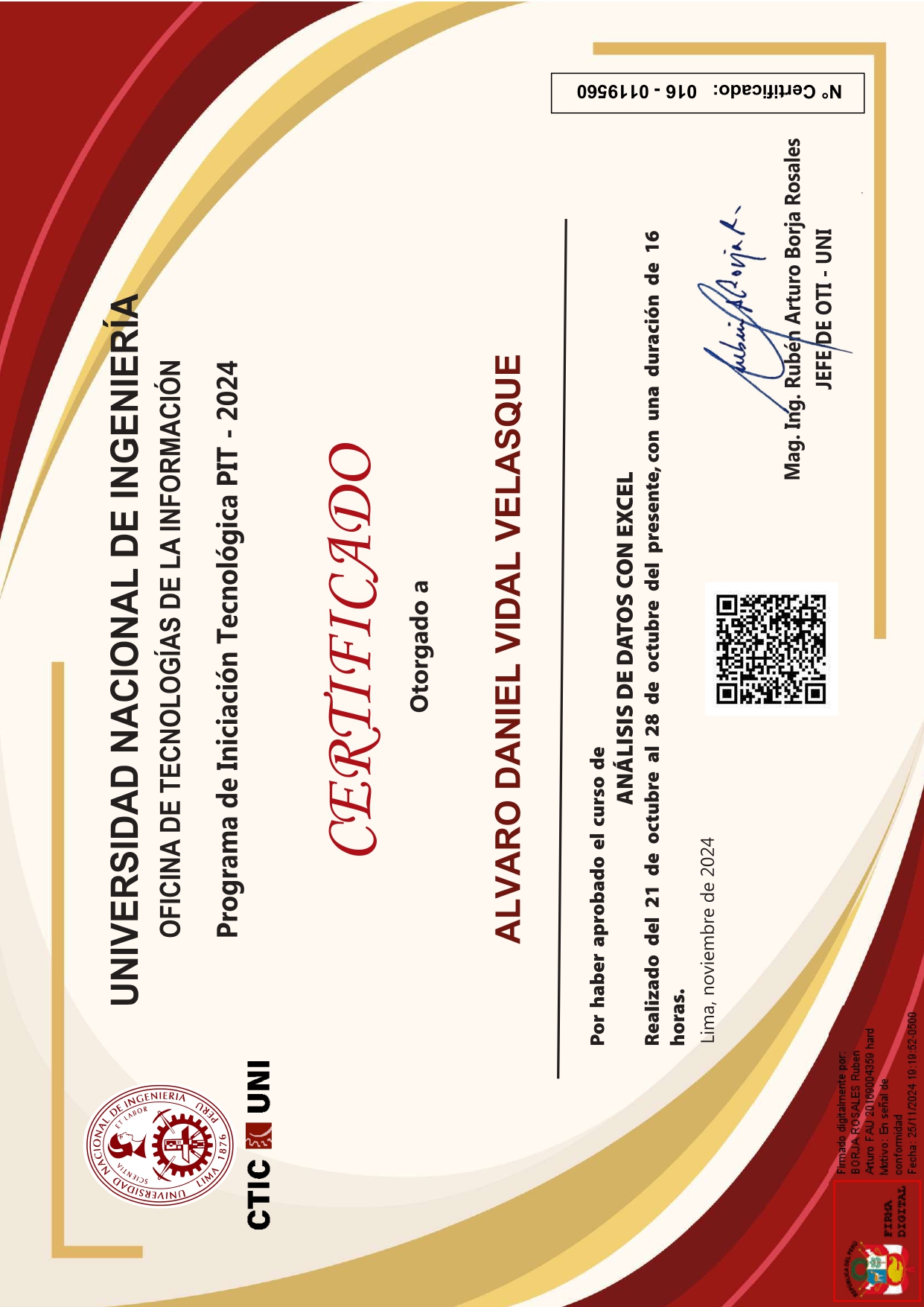 Certificado — Análisis de Datos con Excel - UNI