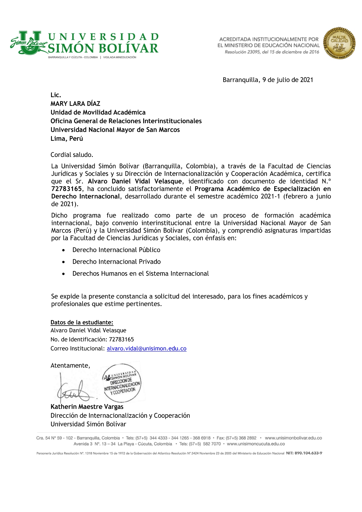 Certificado — Especialización en Derecho Internacional